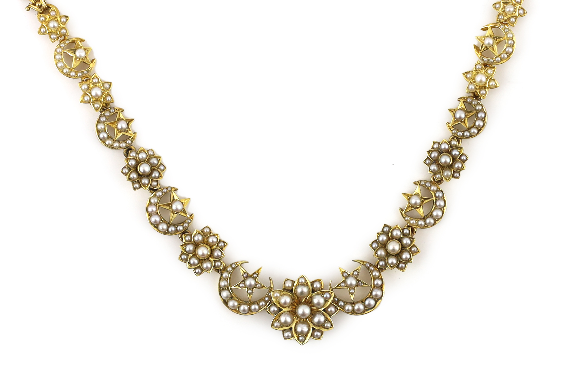 A late Victorian gold and seed pearl set necklace